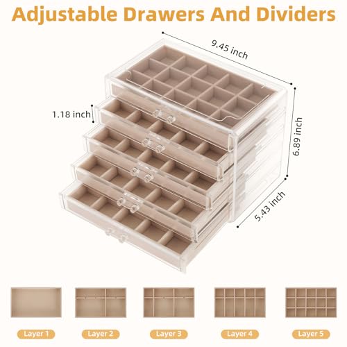 FEISCON Jewelry Box Organizer，Acrylic Storage Organizer with 5 Drawers Adjustable Velvet Trays grid size Jewelry Storage Box Clear Jewelry Organizer Gift for Women Girls (5 layer) - size: 5 layer