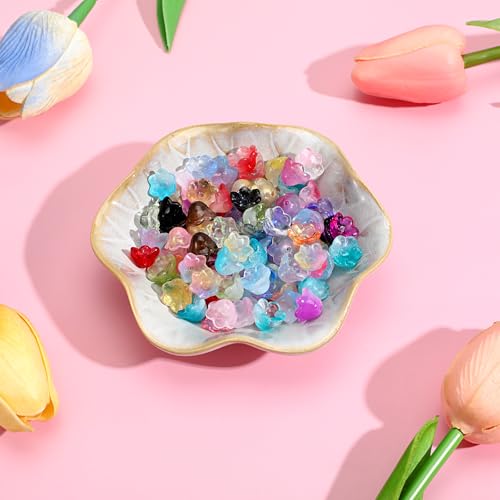 100PCS Glass Bellflower Beads, Colorful Trumpet Flower Beads for Jewelry Making, Cute Floral Beaded Charms for DIY Necklace, Earrings, Bracelets, Crafts (11mm)