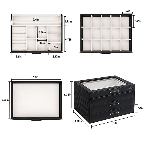 Jewelry Boxes with Glass Lid, Jewelry Boxes for Women 3-Tier Jewelry Organizer with 2 Drawers, Jewelry Display Case Gift for Women Girls Men - Black - color: Black 3-Layer