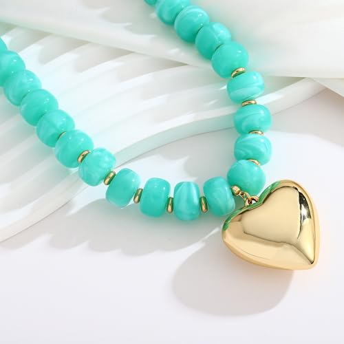 Gold Heart Pendant Necklaces for Women Colorful Acrylic Resin Beaded Choker Necklace Fashion Chunky Statement Beaded Heart Necklace - color: Lake-blue