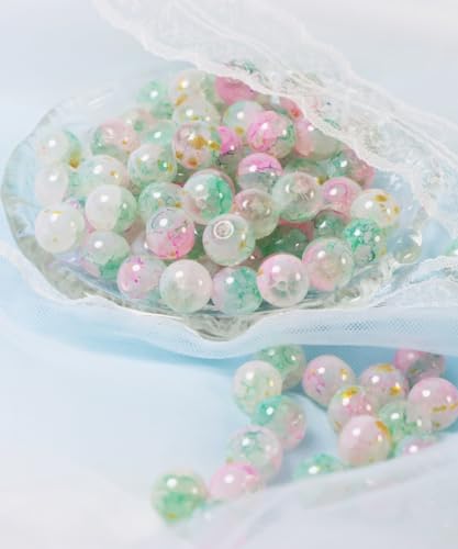100Pcs 10mm Crackle Glass Beads for Jewelry Making - Round Spacer Crystal Beads Bulk, DIY Craft Supplies for Necklace Bracelet Earrings (Pink Green Gold) - color: Pink Green Gold