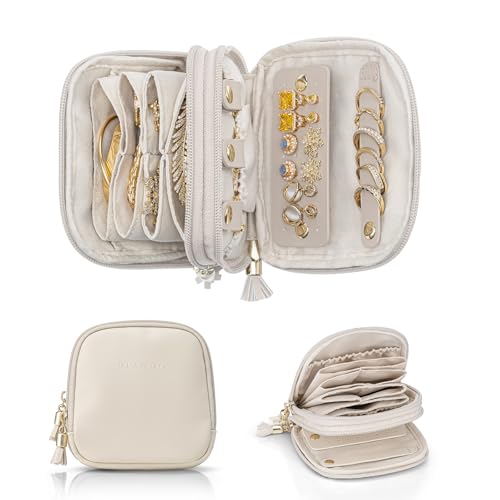 VLANDO Travel Jewelry Case,2-Layer Jewelry Organizer for Travel,Mothers Day Mom Gifts Teacher Gifts,Multi-Compartment Jewelry Storage for Rings Earrings Necklaces Bracelets-Cream White - color: Cream White