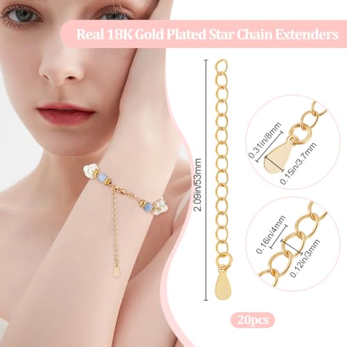 Beebeecraft 1 Box 20Pcs Bracelet Extender Chains 18K Gold Plated Brass Necklace Extenders Cable End Chain with Teardrop Charm Tabs for Jewelry Making (5.3cm/2.08in) - color: Gold-teardrop