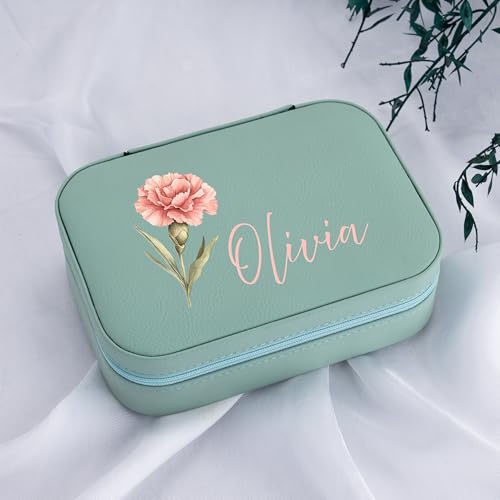 Custom Leather Jewelry Box with Name & Birth Flower Month, Birthday Gifts for Women, Personalized Jewelry Travel Case - Customized Jewelry Organizer Box, Mom Birthday Gifts, Rustic - color: Rustic