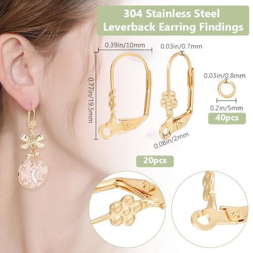 Beebeecraft 20Pcs Leverback Earring Findings 18K Gold Plated Brass French Hooks Flower Pattern Dangle Ear Wire with Jump Ring for Jewelry Making - color: Gold