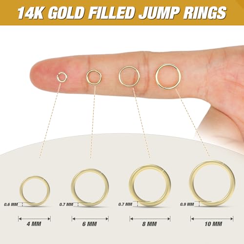 4/6/8/10MM 950PCS 14K Gold Jump Rings for Jewelry Making Non Tarnish Small Open Gold Filled Jump Rings for Necklace Earrings Bracelet Key Chains and DIY Craft - size: 4/6/8/10MM-950PCS