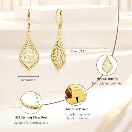 925 Sterling Silver Dangle Earrings for Women, 14K Gold Plated Filigree Dangling Leverback Earrings, Geometric Hypoallergenic Lightweight Dangly Drop Earings for Women Trendy Jewelry Gifts - color: C-14K Gold