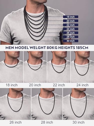 Bandmax Solid 1.5mm/2mm/3mm/6mm Rope Chains for Men Women 14K Gold Plated/Black Plated Stainless Steel Twist Chain 16-30 Inches, with Gift Box - color: 12 6MM Black