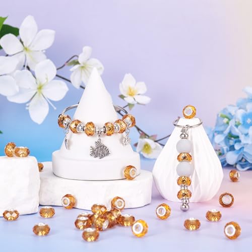 100pcs 14mm Large Hole Beads Glass Crystal Faceted Beads Goldenrod European Crystal Spacer Bead for Necklace Earring Bracelet Crafts Jewelry Making - color: Goldenrod