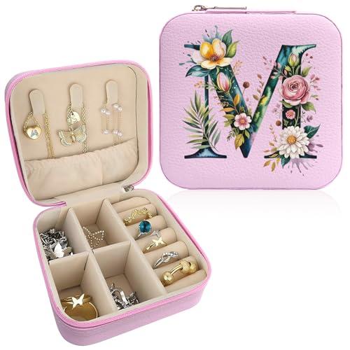 Monogram Jewelry Box Portable Print Jewelry Box, 1pcs Pink Compact Jewelry Box Travel Jewelry Case Travel Case Organizer Bag Storage Box Jewelry Holder For Necklace Earrings Rings Bracelet (Letter M) - color: Letter M 01