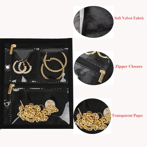 GSXRB Travel Jewelry Organizer Case with Clear Zipper Pouches,3pcs Velvet Jewelry Storage Book Binder, Multi-Layer Inner Pages for Earrings/Rings/Necklace/Bracelet, Compact & Waterproof(Black lining) - color: Black lining