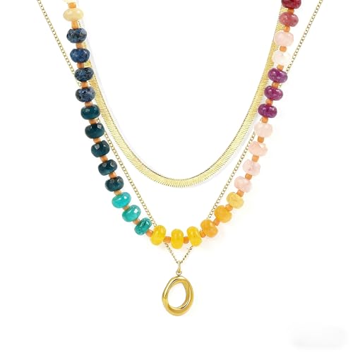 Gmai Layered Beaded Necklace for Women Colorful Trendy Snake Chain Circle Pendant Choker Gold Chain Adjustable Length Bohemian Rainbow Stackable Necklaces Jewelry Gift - style: Exquisite box packaging