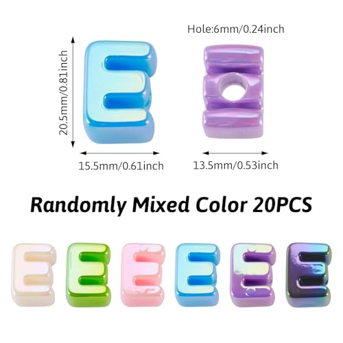 Beadthoven 20pcs Big Letter E Beads Large Hole Bubble Alphabet Acrylic Beads Charm Iridescent Plastic E Shape Loose Chunky Spacers for Jewelry Making Bracelet Necklace Keychains Shoelaces Crafts - color: E