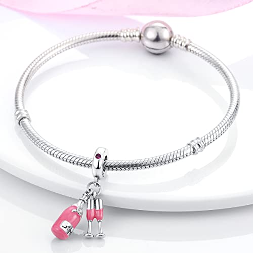 MULA 925 Sterling Silver Charms for Bracelets and Necklaces Lipstick and Bag Dangle Pendants Tower Camera Beads Jewelry Charms for Women - color: Champagne and Glass
