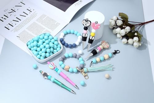 MAIBAOTA 120 Pcs Caribbean Blue Silicone Beads 15 mm Caribbean Blue Beads for Keychain/Pens/Bracelet/Necklace Making Round Silicone Beads Bulk for Craft Making（with Boxed Kits） - color: Caribbean Blue