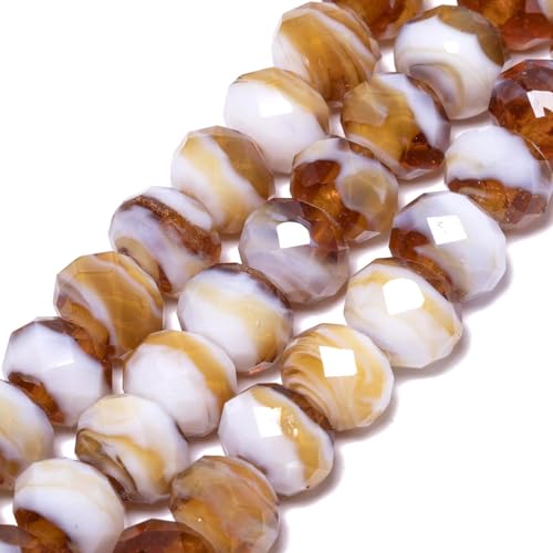 7.5×10mm 50pcs Brown White Facted Lampwork Glass Beads for Jewelry Making, Flat Round Handmade Murano Beads for Bracelets, Crafts, Friendship Bracelet Kit, Rosary Making - color: Brown White