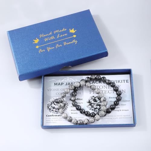 NCB 2.3-Piece 4mm Natural Crystal Gemstone Stretch Bracelets – Handmade Reiki Energy Healing Jewelry for Meditation,Yoga, Unisex - color: 2PCS ( Black Larvikite+Map Jasper ), size: 8mm