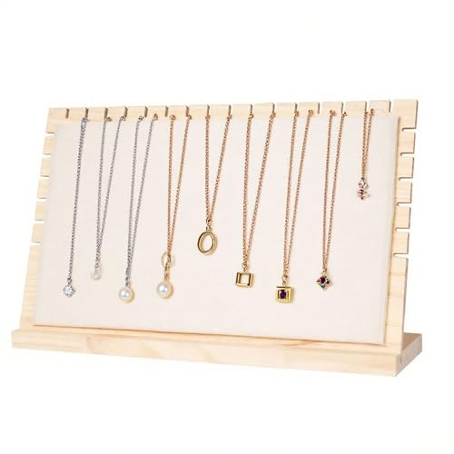 TANG SONG 8.8'' x 15.6'' Horizontal Wooden Flannelette Necklace Display Stand - Soft Mat Jewelry Organizer for Multiple Bracelets & Chains (Beige, Extra Large) - color: Beige, size: Extra Large