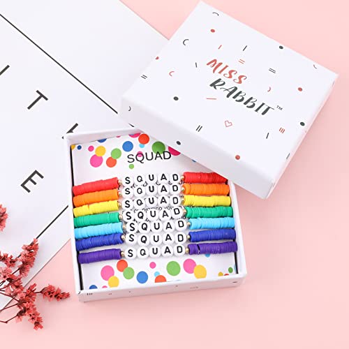 Rainbow Heishi Surfer Bracelets Set for Women Stackable Clay Beaded Bracelets Disc Stretch Preppy Bracelets Layering Colorful Friendship Bracelets Team Cheer Bulk Boho Summer Beach Jewelry Gift - style: SQUAD with Box