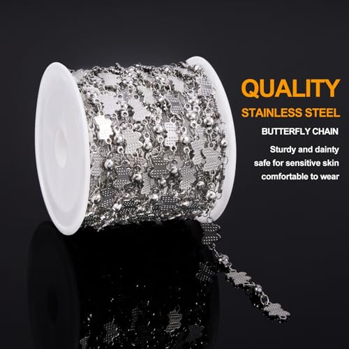 KYUNHOO Stainless Steel Beaded Chains Bulk on Roll 13 Feet Embossed Butterfly Necklace Bracelelt Jewelry Making Chain with Lobster Clasps Jump Rings - color: Butterfly Steel