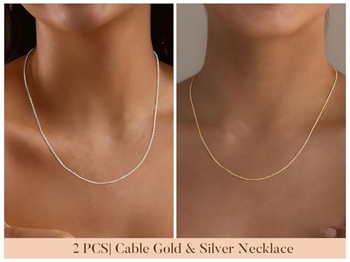 IEFWELL 14K-Real-Gold-Plated S925 Sterling Silver Chain Necklace for Women, 1.2/0.8mm Satellite Bead Cable Box Chains Set Hypoallergenic Sturdy Women's Chain Necklace, 16/18/20/22 Inch Jewelry Gifts - color: Cable Chain, size: 20 Inch