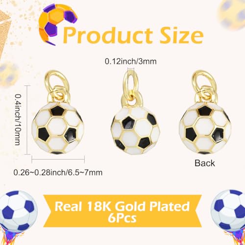SUNNYCLUE 1 Box 6Pcs Real 18K Gold Plated Soccer Charms Soccer Balls Charms Bulk Enamel Round 3D Brass Colorful Metal Football Sport Pendants for Jewelry Making Supplies DIY Craft Keychain Bags Adults