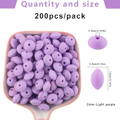 Sunrony 200Pcs Silicone Lentil Beads for Keychain Making, Bulk 12mm Silicone Abacus Spacer Beads for Necklace Bracelet Making Pens(Light Purple) - color: G-Light purple