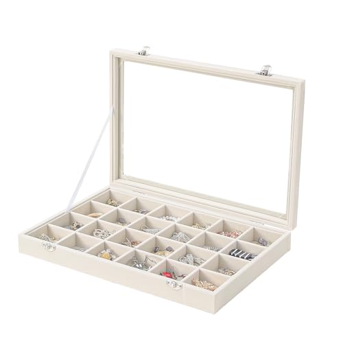 Coward Jewelry Organizer Box, Beige Velvet 24 Grids Ring Earring Jewelry Display Tray Case with Transparent Glass Lid for Home Drawer or Shop Selling - color: Beige Velvet, size: 24Grids Box