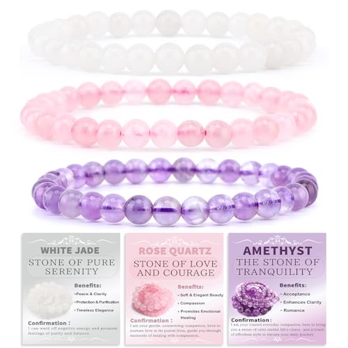 2/3-Pieces 4mm 6mm 8mm Natural Crystal Gemstone – Handmade Reiki Energy Healing Stretch Bracelets Jewelry for Yoga, Meditation, Unisex - color: 3 Pieces (Amethyst&PinkQuartz&WhiteJade), size: 6mm