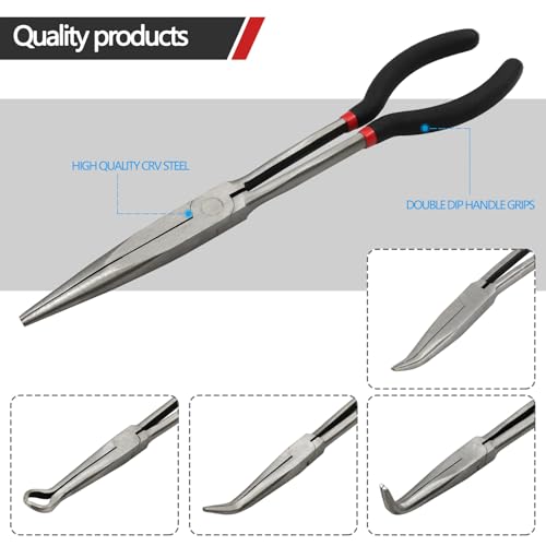 5 Pack 11" Precision Long Nose Pliers Set with Insulated Comfort Grip Handles,Straight Long Needle Nose Pliers, 25/45/90° Curved & Circle for Wire Shaping/Trimming - size: 5pcs-11"