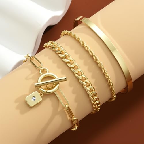 YEEZII Gold Hand Chain Bracelets for Women, 2 Pcs 14k Gold Plated Cubic Zirconia Link Chain Bracelet Set, Trendy ring bracelet hand chain Jewelry for Her - color: Gold-B