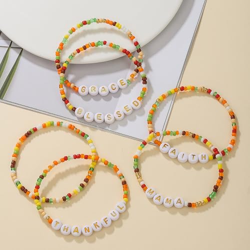 Thanksgiving Stackable Bracelet for Women Set Colorful Beads Rubber Ring Elastic Layering Letter Disc Maple Leaf Pendant Clay Stretch Fall Bracelets Fall Costume Bracelet Jewelry for Women - style: Style4