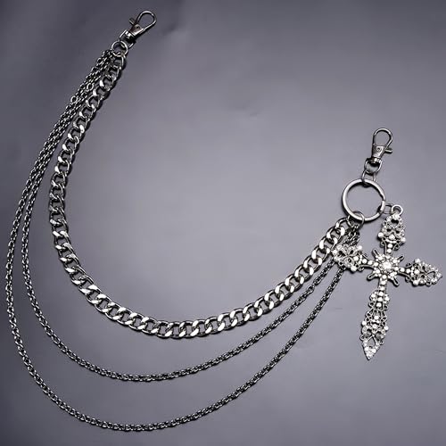 Layered Punk Pants Chain for Men Women, Gothic Hip Hop Jean Chain Wallet Chain Biker Trouser Chain, Goth Emo Fashion Keychain Accessories - color: 3L-Bling Cross Chain