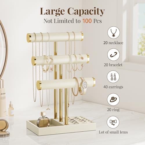 bussdis 3 Tier Bracelet Holder Display - Beige Leather Bracelet Holder, Detachable T Bar Jewelry Holder Organizer for Bracelet, Necklace, Earrings, Rings, Watches, Bangle - color: Beige