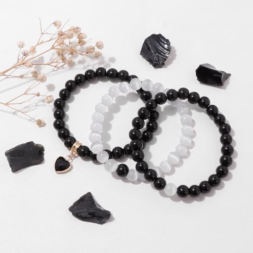 Vinswet Healing Crystal Beaded Bracelets for Women,Natural Amethyst Gemstones Bracelet,Anxiety Stress Relief Heart Charm Bracelet Handmade purple Jewelry Gifts for Women - color: Black agate&Moonstone