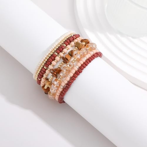RISHEGAE Heishi Beaded Stretch Bracelets for Women Stackable Polymer Clay Beads Bracelets Friendship Boho Summer Beach Bracelet Jewelry Set - color: A-A brown