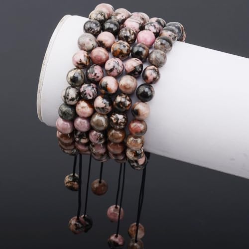 MASSIVE BEADS Natural Healing Power Gemstone Crystal Beads Unisex Adjustable Macrame Bracelets - color: Pink Black Rhondonite, size: 6mm