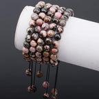 MASSIVE BEADS Natural Healing Power Gemstone Crystal Beads Unisex Adjustable Macrame Bracelets - color: Pink Black Rhondonite, size: 6mm