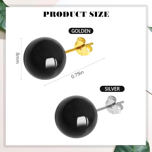 Jade Green Stud Earrings, Natural Round Beaded Agate Emerald Garnet Obsidian Gemstone Ear Studs Ball Jade Jewelry Gift, Green 8mm - color: black-6mm