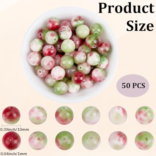 1 Box 50PCS 10MM Natural Watermelon Stone Beads Round Pink Green Persian Jade Tourmaline Energy Crystal Gemstone Power Loose Spacer Bead Bulk for Jewelry Making Bracelet Necklace DIY Craft - size: 10mm 50pcs