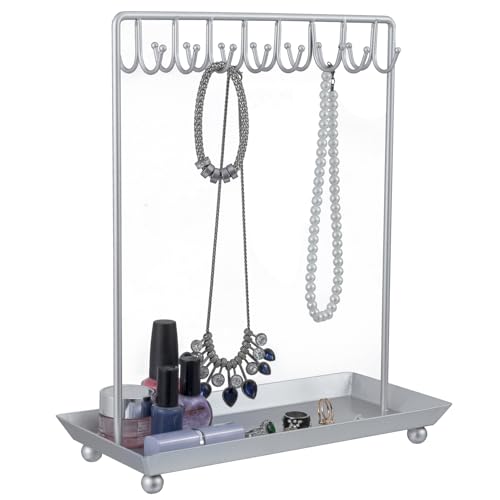 MyGift Silver Tone Metal Jewelry Stand Necklace Display Organizer with 20 Hooks and Ring Tray - color: Silver
