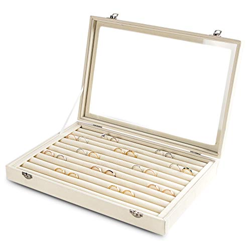 Frebeauty Rings/Earrings Organizer Tray with Clear Lid 10 Slots Velvet Drawer Insert Jewelry Storage box with Glass lid Jewelry Display Case Showcase Gift for Girls Women (Beige, 10 Slots) - color: Beige, size: 10 Slots