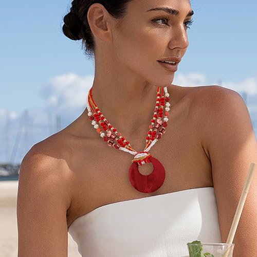 Coiris Shell Pendant Statement Strand Necklace for Women Boho Multi Beads Natural Stone Colorful Necklace Bohemian Handmade Chunky Shell Beaded Collar Jewelry for Women - color: Red