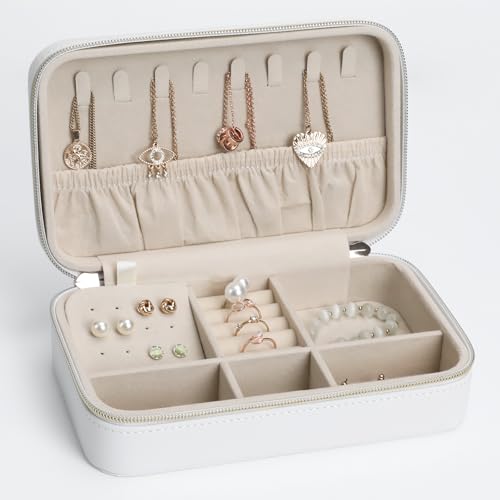 Elegant Travel Jewelry Case for Women - Multi-Function Jewelry Organizer with Necklace Hooks, Ring Slot, and Velvet Lining, Perfect for Trips White - color: White-21, size: Style F