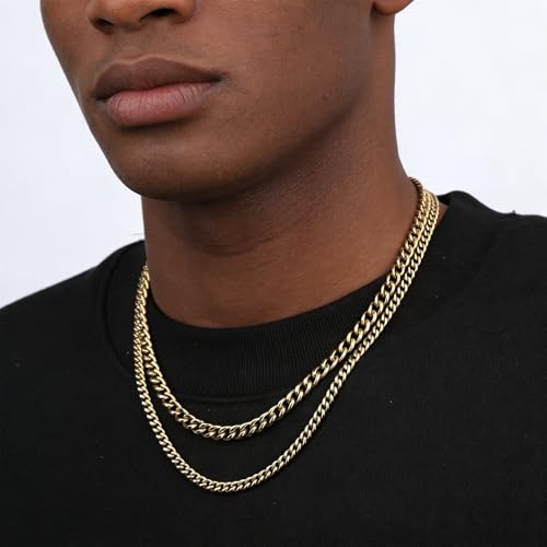 2PCS Cuban Link Chain Set for Men - Gold/Silver Plated Stainless Steel Layered Chain Necklace Non-Tarnish Jewelry Gift 16"/18", 18"/20", 20"/22", 22"/24" - color: Gold Chain, size: 20inch+22inch