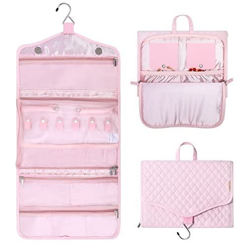 MOSISO Hanging Travel Jewelry Organizer Case, Foldable Portable Jewelry Organizer Bag with Hook & Handle for Necklace, Earrings, Rings, Bracelets and Daily Jewelries Carrying, Pink