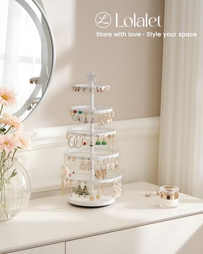 Lolalet 5-Tier Rotating Earring Holder Organizer, Metal Earring Display Stand Large Tree-shaped Rack for Studs Hoops Dangling Earrings, Gift for Women and Girls -White - color: White