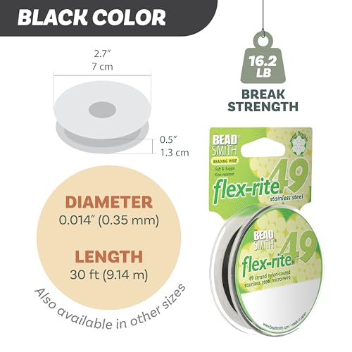 The Beadsmith Flex-Rite Beading Wire - 49-Strand Nylon-Coated Stainless-Steel Wire, 0.014" (0.35 mm) Dia, Black, 30 ft Spool, Durable Necklace & Bracelet String, for Jewelry Making Supplies - color: Black, size: .014” Dia - 30 ft