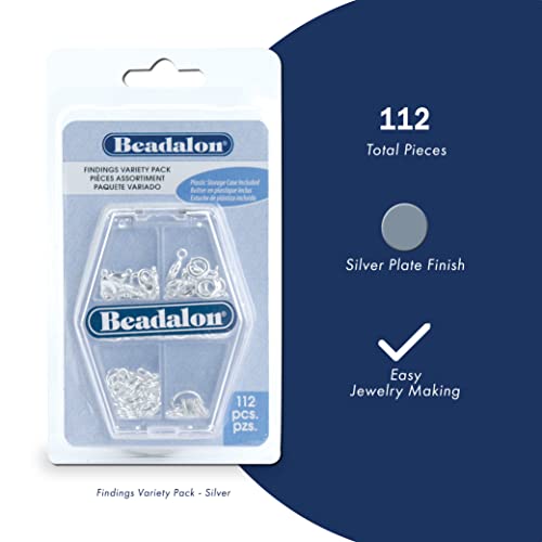 Beadalon Silver Plated Findings Variety Pack for Jewelry Making - 112 Pcs with Jump Rings, Spring Ring Clasps, Lobster Clasps in Convenient Storage for DIY Jewelry Repair and Design