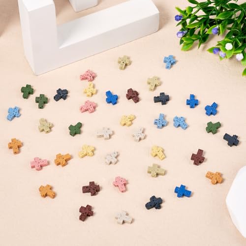 40Pcs Cross Beads for Jewelry Making Cross Lava Rock Stone Beads Small Gemstone Volcanic Lava Rock Bead Gemstone Crucifix Bracelet Charms for Women Men Bracelet Jewelry Making - color: Lava Rock-Multicolor